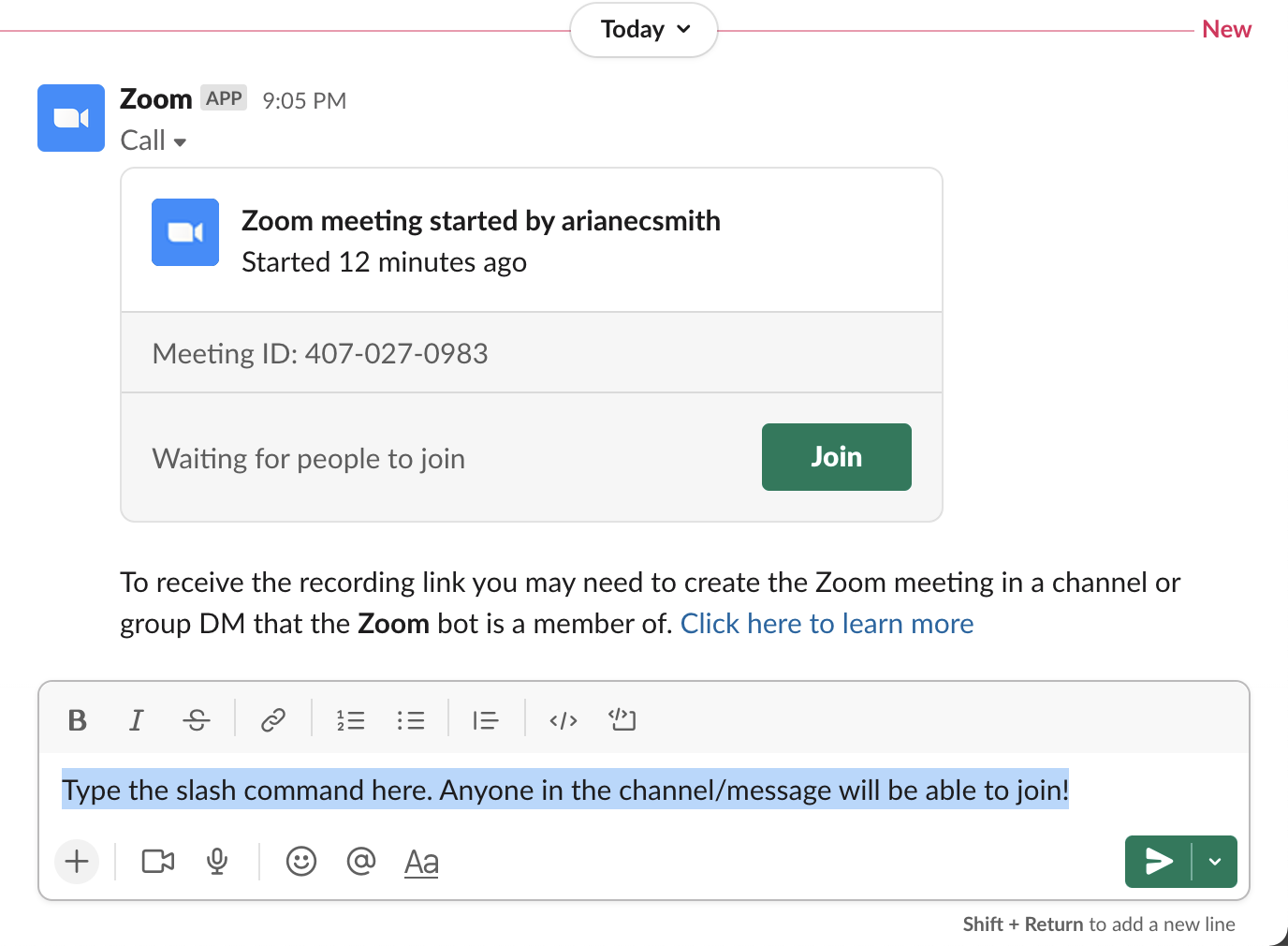 How to start a Zoom call from Slack