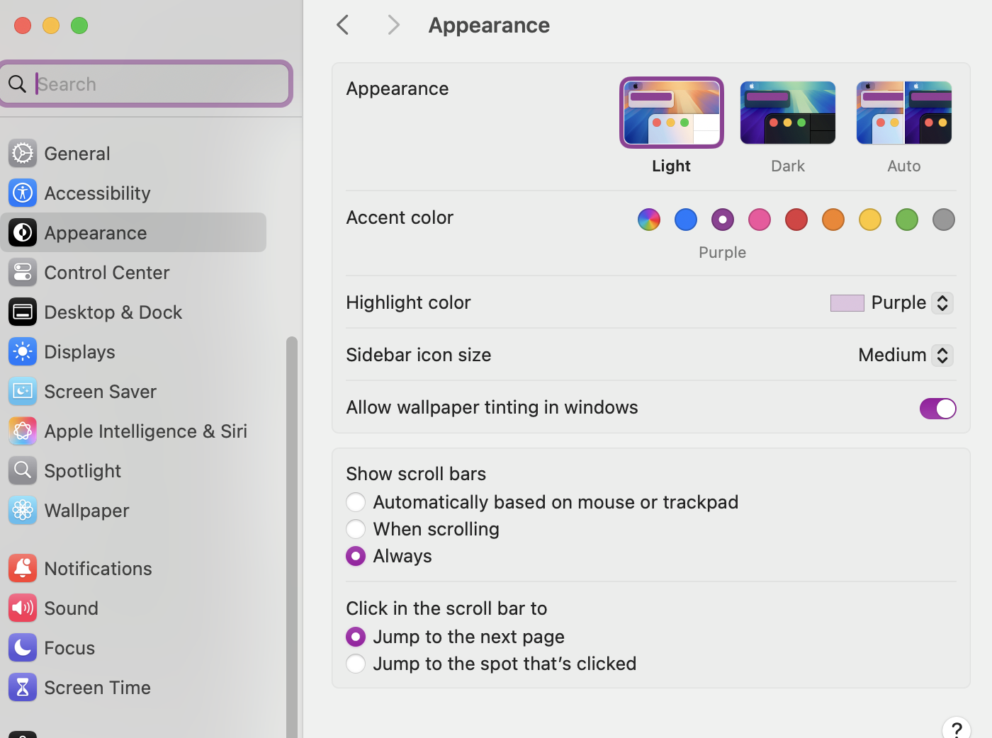 Mac OS system settings Appearance tab, Show scroll bars option with a radio button activated next to the Always option.