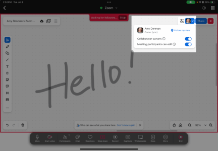 Manage the whole whiteboard by clicking on the down arrow.