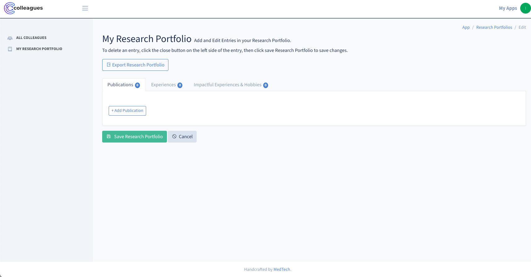 A screenshot illustrating what an empty research portfolio looks like