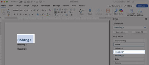 Shows location of Heading 1 in Styles pane.