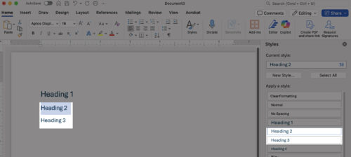 shows location of Headings 2 and 3 in the Styles pane