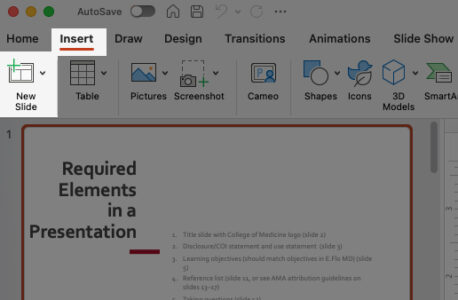 Highlight shows location of Insert tab and New Slide button.