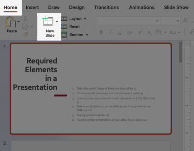 Highlight shows location of Home tab and New Slide button.