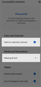 Highlights indicate a section with blue checkmark and a section that needs remediation.