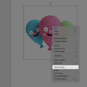 Highlights location of View Alt Text.
