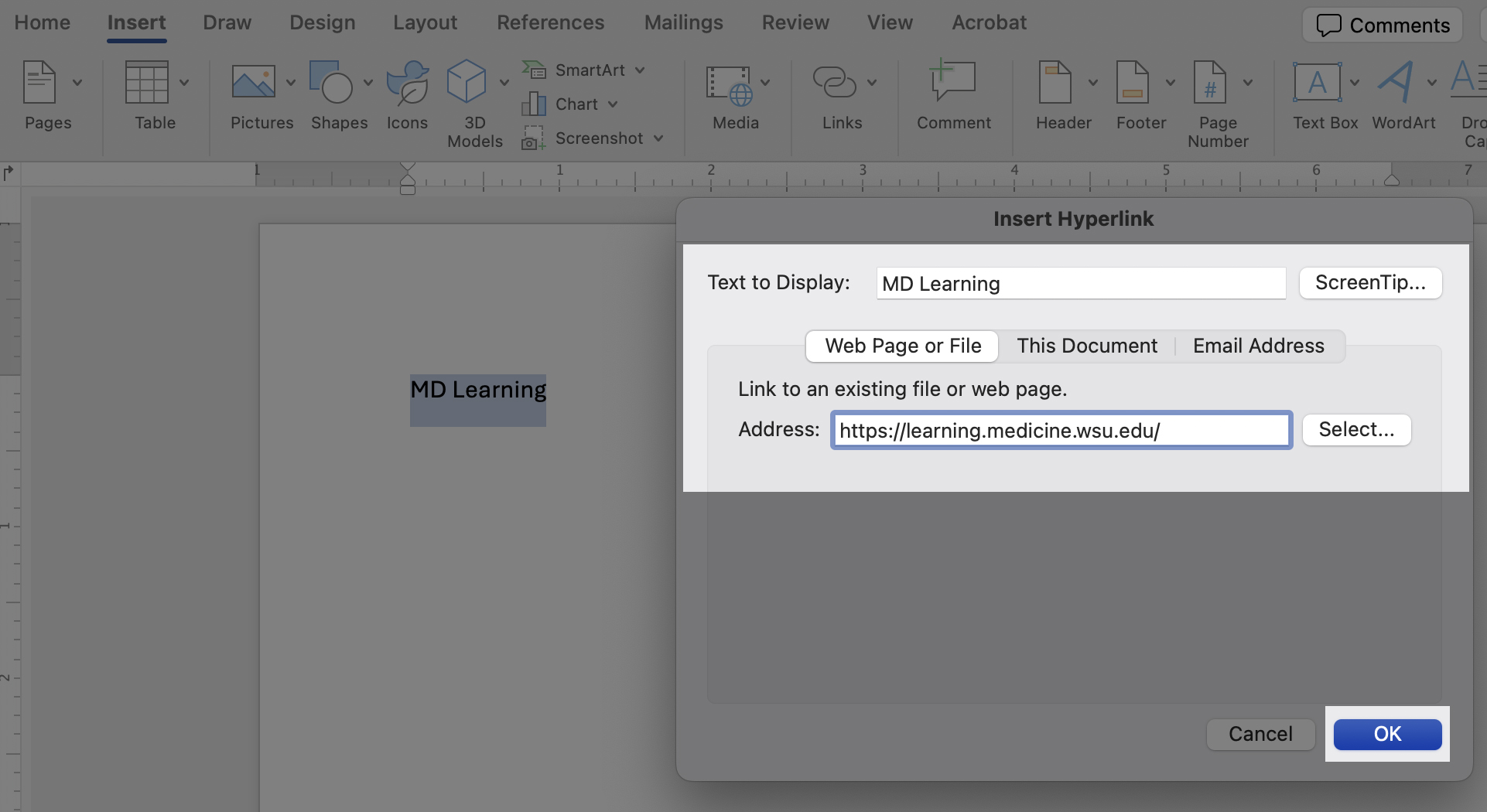 Shows Insert Link popup, highlights where to place the URL and Okay button.