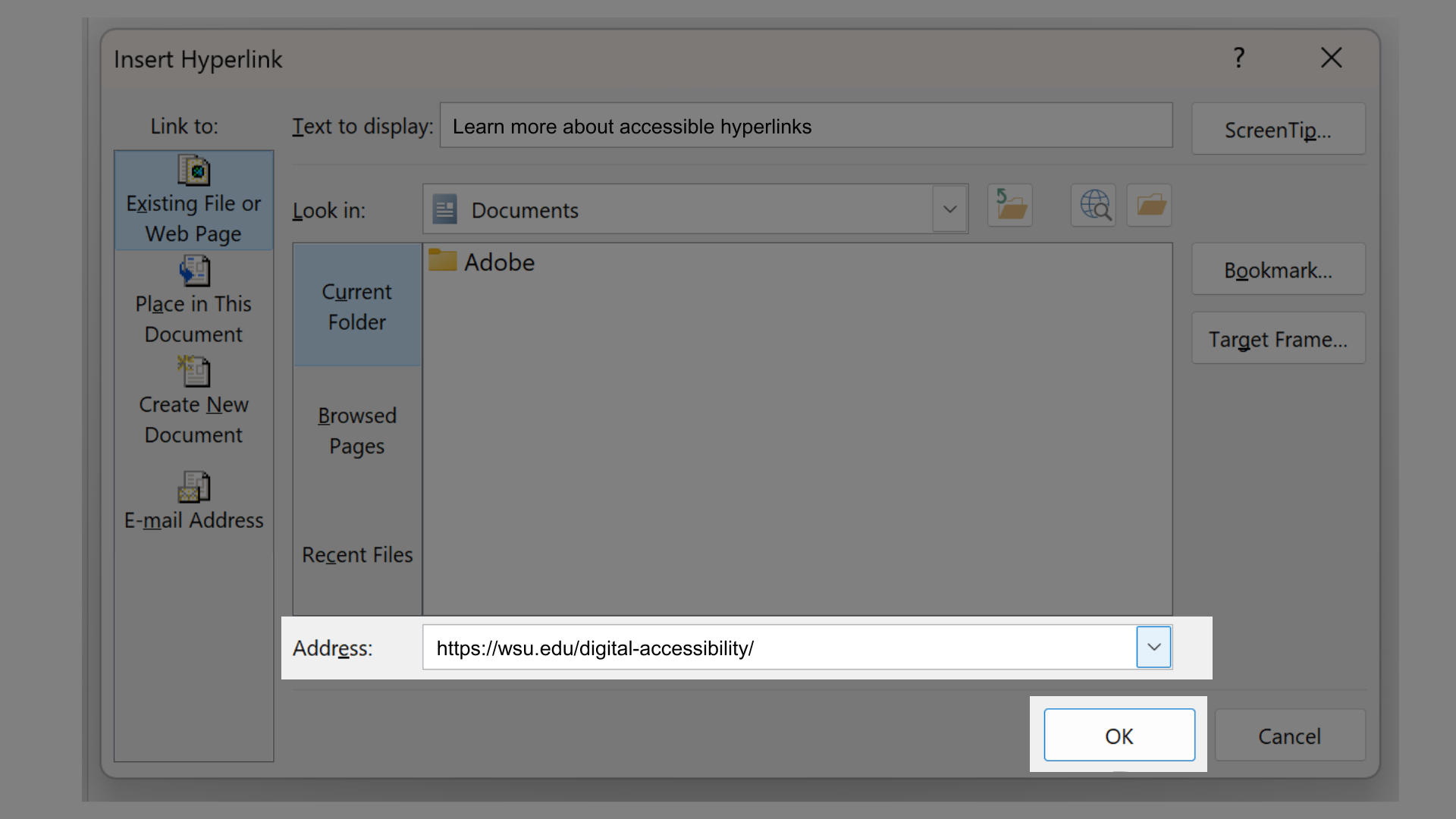 Show where to place the URL and the Okay button.