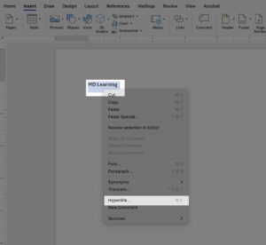 Shows highlighted text and right-clicked menu highlighting Hyperlink.