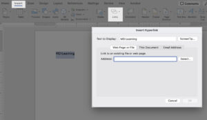 Shows highlighted Insert, Link, and the popup to insert a hyperlink.