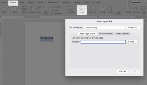 Shows highlighted Insert, Link, and the popup to insert a hyperlink.