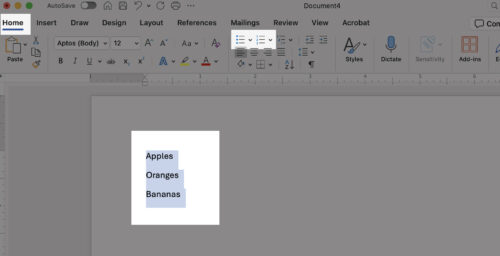 shows Home tab, Numbered list, and Bulleted list button. List is highlighted