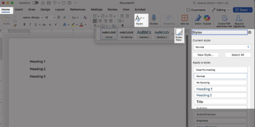 shows location of Home tab, Styles pane, and Styles menu.