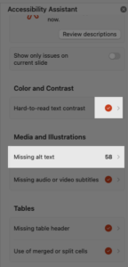 Accessibility assistant shows red checkmark and section with accessibility errors.