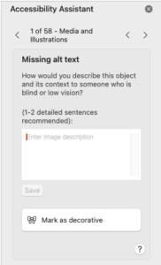 Accessibility assistant showing where there might be errors to be fixed.