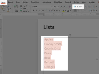 Highlighted areas show Home tab, bullets or numbered list tabs, and highlighted list.