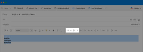 Highlighted area shows location of the bulleted and numbered lists in Outlook.