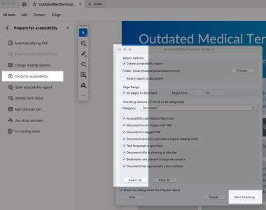 Highlights show the location of the Check for Accessibility button, the popup dialogue box, and the Start Checking button.
