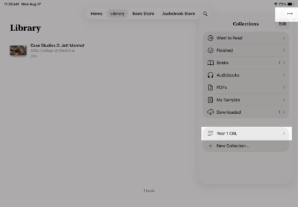 Location of any created collections in Apple Books app.